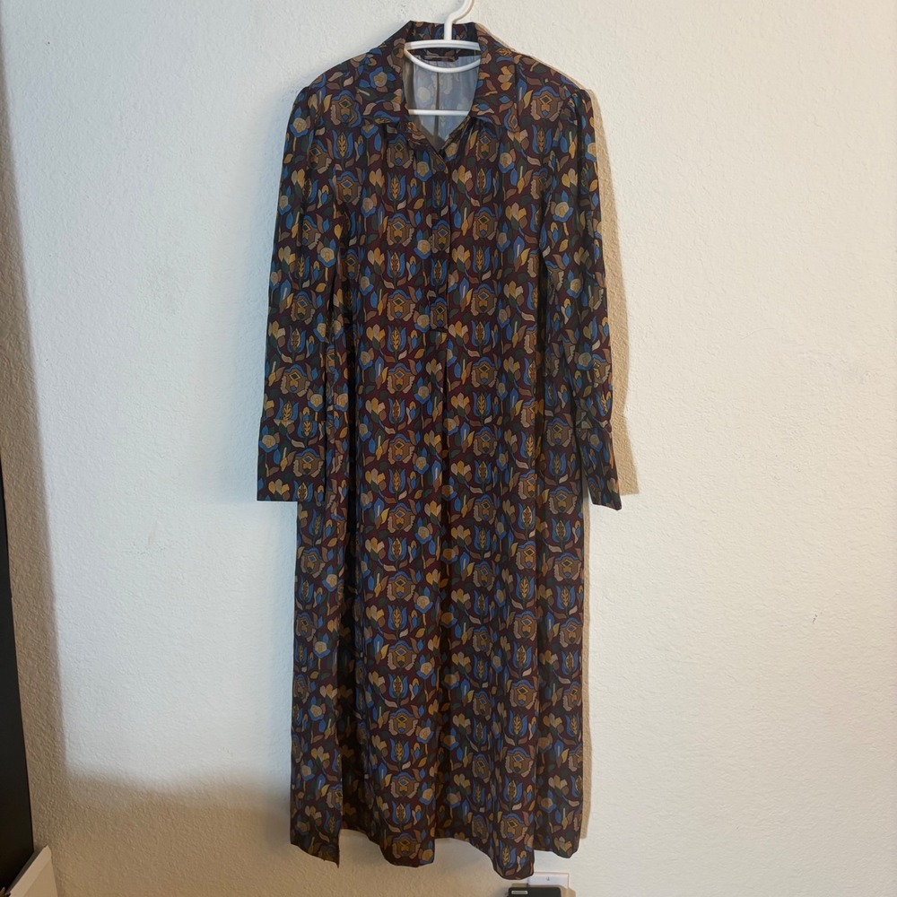 J. McLaughlin Floral Geometric Maxi Shirt Dress Brown Blue XS